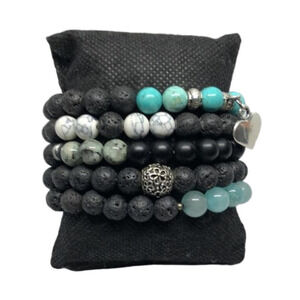 Bundle lot 5 lava stone and gemstone stretch/roll on bracelets boho style